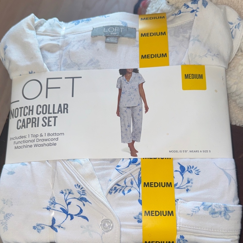 LOFT White and Blue Notch Collar Capri Pajama Set - Picture 1 of 4